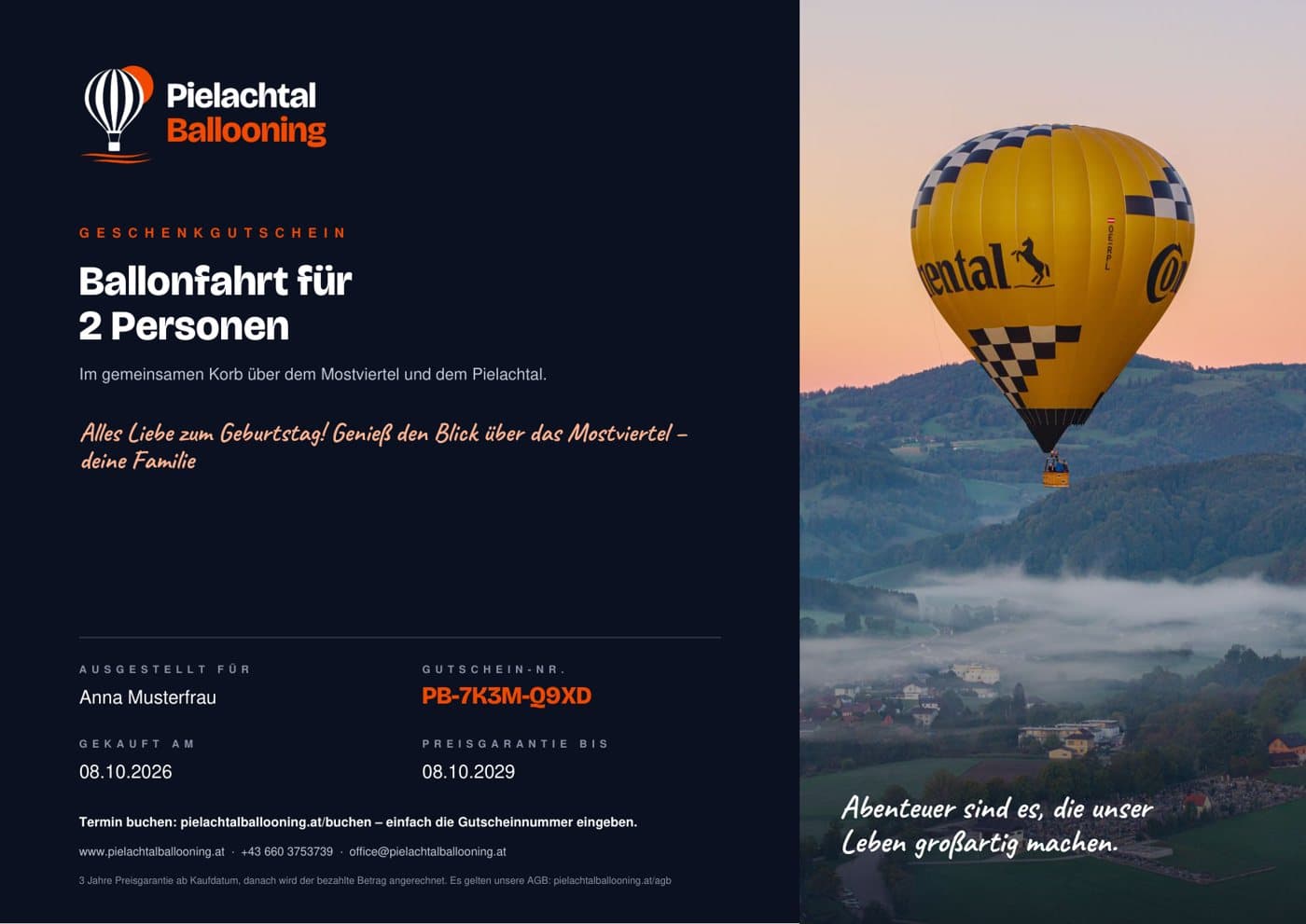 Beispiel: Gutschein für eine Ballonfahrt für 2 Personen mit Widmung, Gutscheinnummer und Preisgarantie